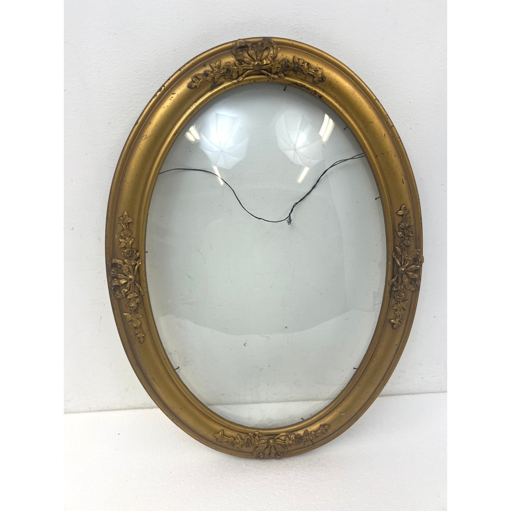 Antique Oval Gesso Gold Picture Frame Convex Bubble Glass Floral Bow Vintage